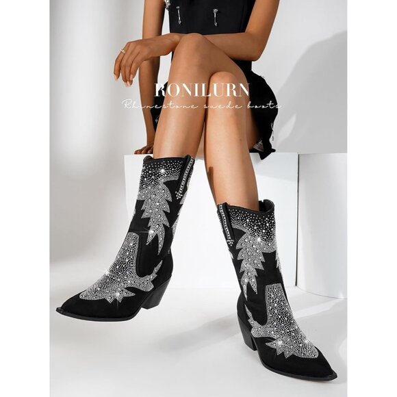 Women Polyurethane Ankle Black Pointed Toe Chunky Heel Rhinestone Tall Boot - Picture 4 of 8